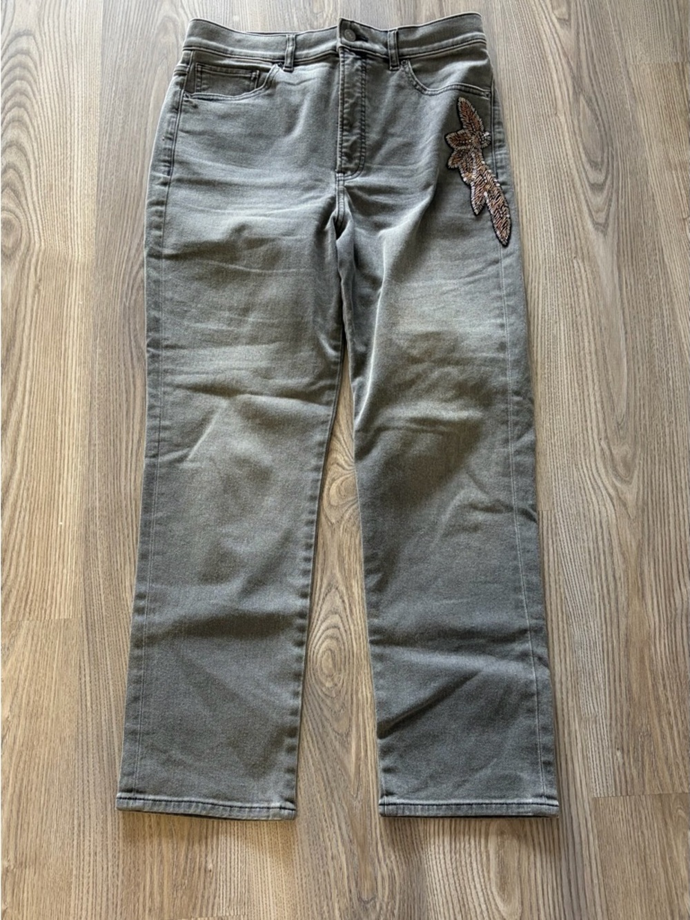 Express S10 R Women Grey Straight - Faded Jeans-Embroidered Sequence- Worn 3 X)